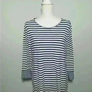 Chicos Size 1 Top Women's Navy & White Multi Striped 3/4 Sleeve Shirt Hi-Low Hem